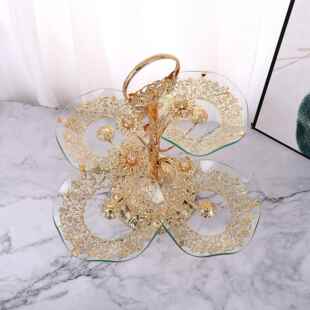 轻风创茶意家用客玻厅酒店几水晶果盘钢BAY化璃多层欧式水奢果盘