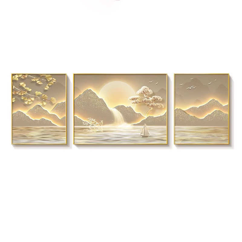 轻奢客厅装饰画背靠金山沙发背景墙挂画中式大气高级感山水三联画