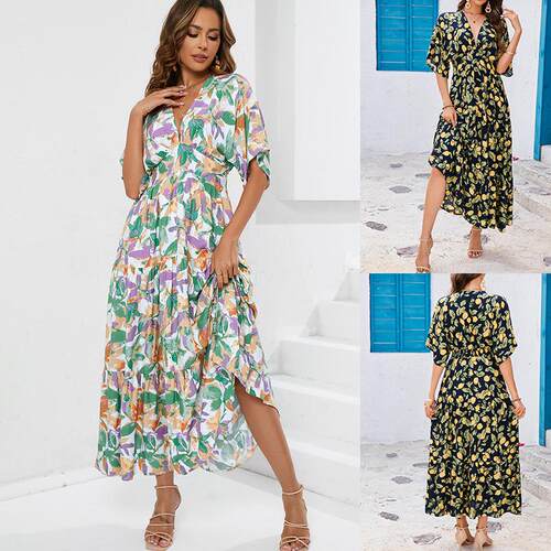 Women's cotton print deep V-waist dress, beach skirt