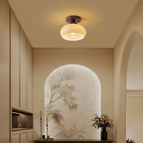 复古侘寂风走廊灯过道灯胡桃木黄铜轻奢中式吸顶灯入户玄关阳台灯