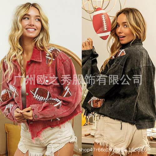 Womens Day Corduroy Sequin Football Cropped Jacket Rugby