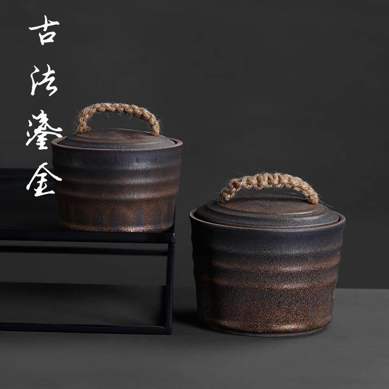 防潮粗陶茶叶罐鎏金宽口存放罐复古创意密封普洱茶饼储存罐