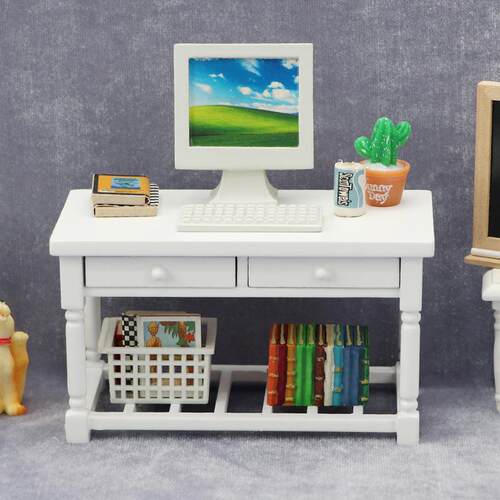 1:12娃娃屋dollhouse迷你家具模型餐厅场景白色木桌子带抽屉餐桌