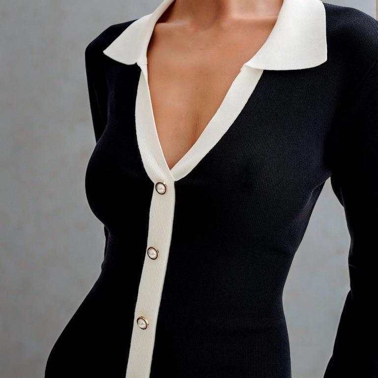 Pearl Double-Layer Ruffle Dress Lapel Knit Womens Button