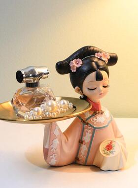 古风女孩摆古风摆件件玄关钥匙收纳盘客布厅家居装婚房饰置树脂工