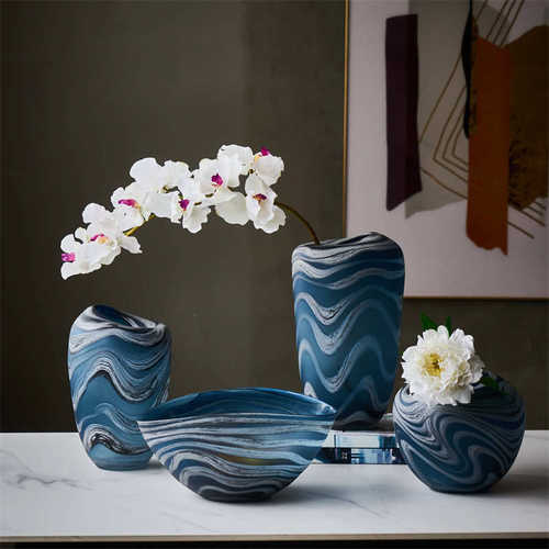 蓝白色玻璃花瓶ins风轻奢高级感透明插花水养创意水培客厅餐桌摆