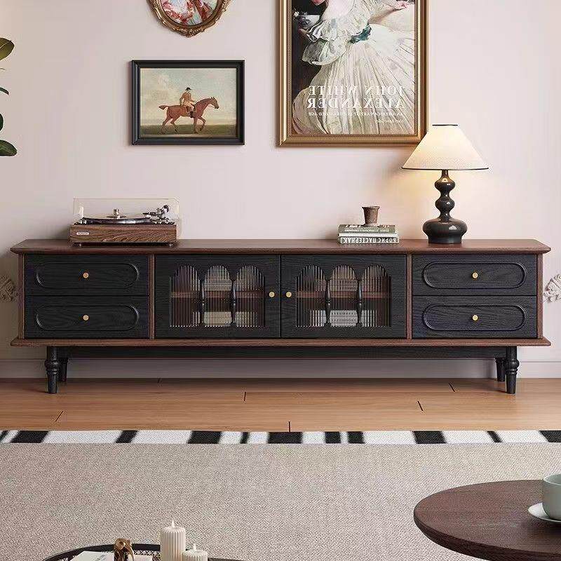 客厅家用落地诺森电视柜法式复古风实木黑色靠墙一体式收纳储物柜