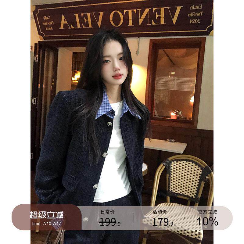 小仙倪子韩系温柔小香风女秋季新款单排扣假两件外套显瘦气质上衣