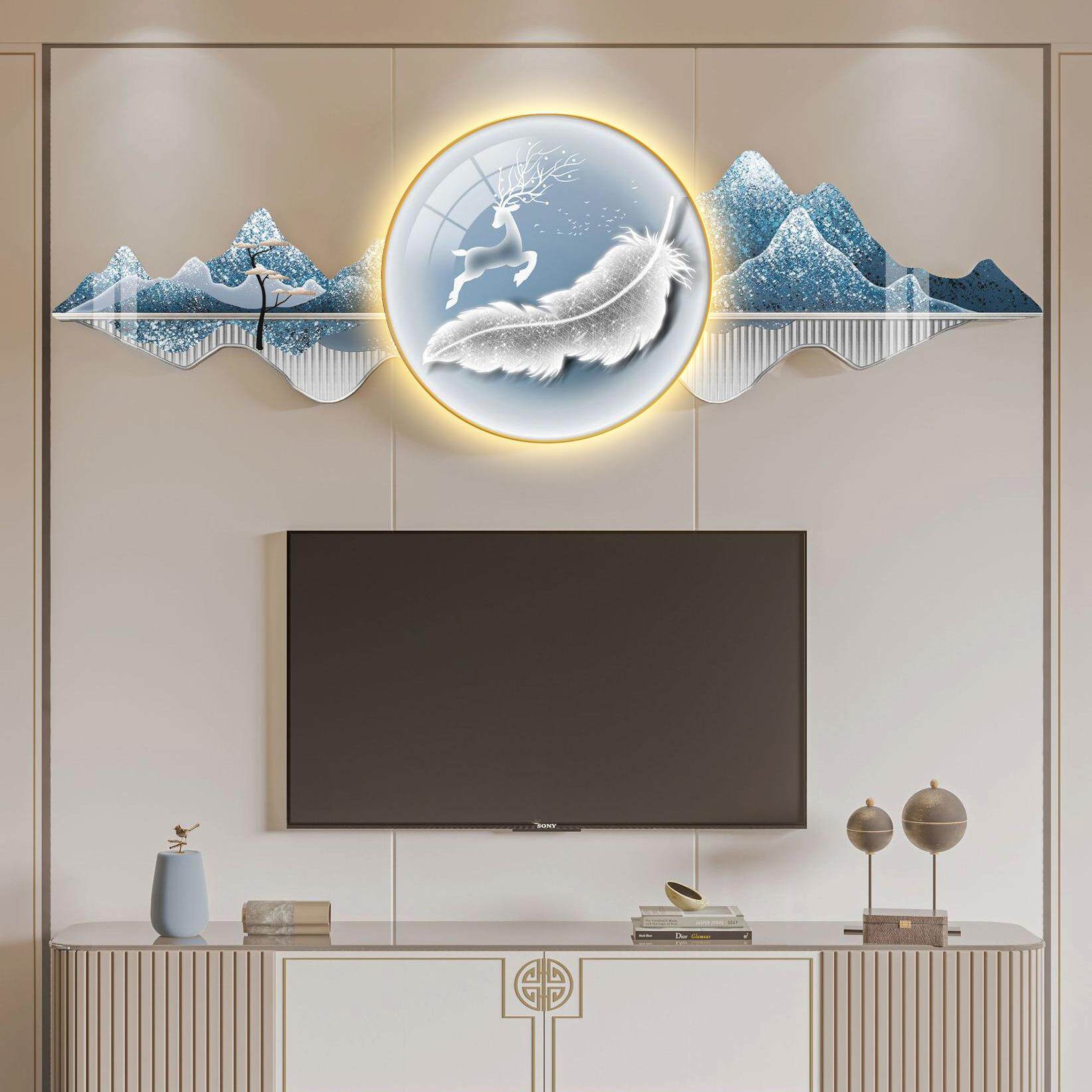 客厅电视墙装饰画山水画麋鹿沙发挂画大气2023年新款大厅背景墙画