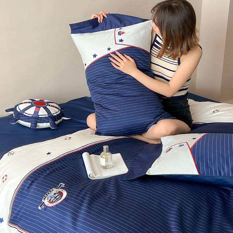 A类英伦风四季长绒棉四件套高精密帆船刺绣男孩被套纯棉床上用品