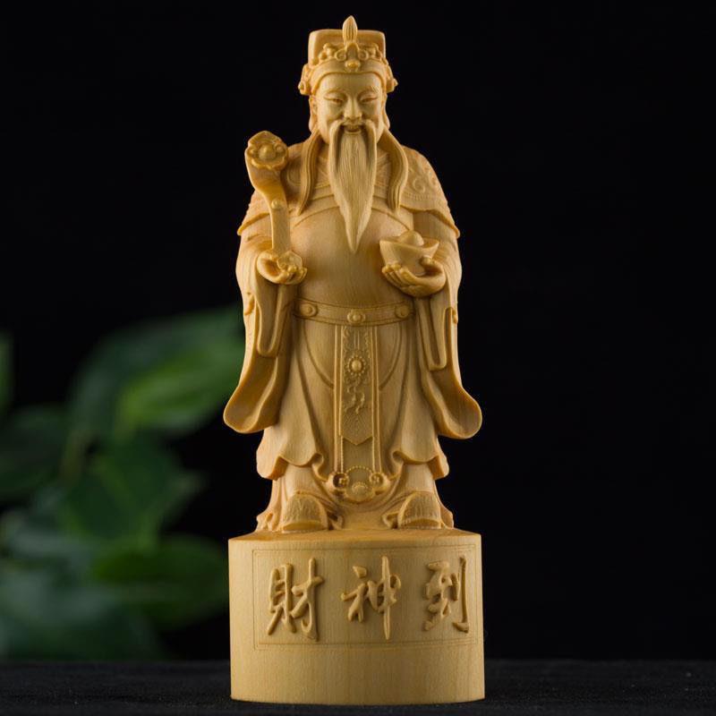 黄杨木财神到摆件实木雕刻禄星财神爷木制工艺品财神到财运到招财