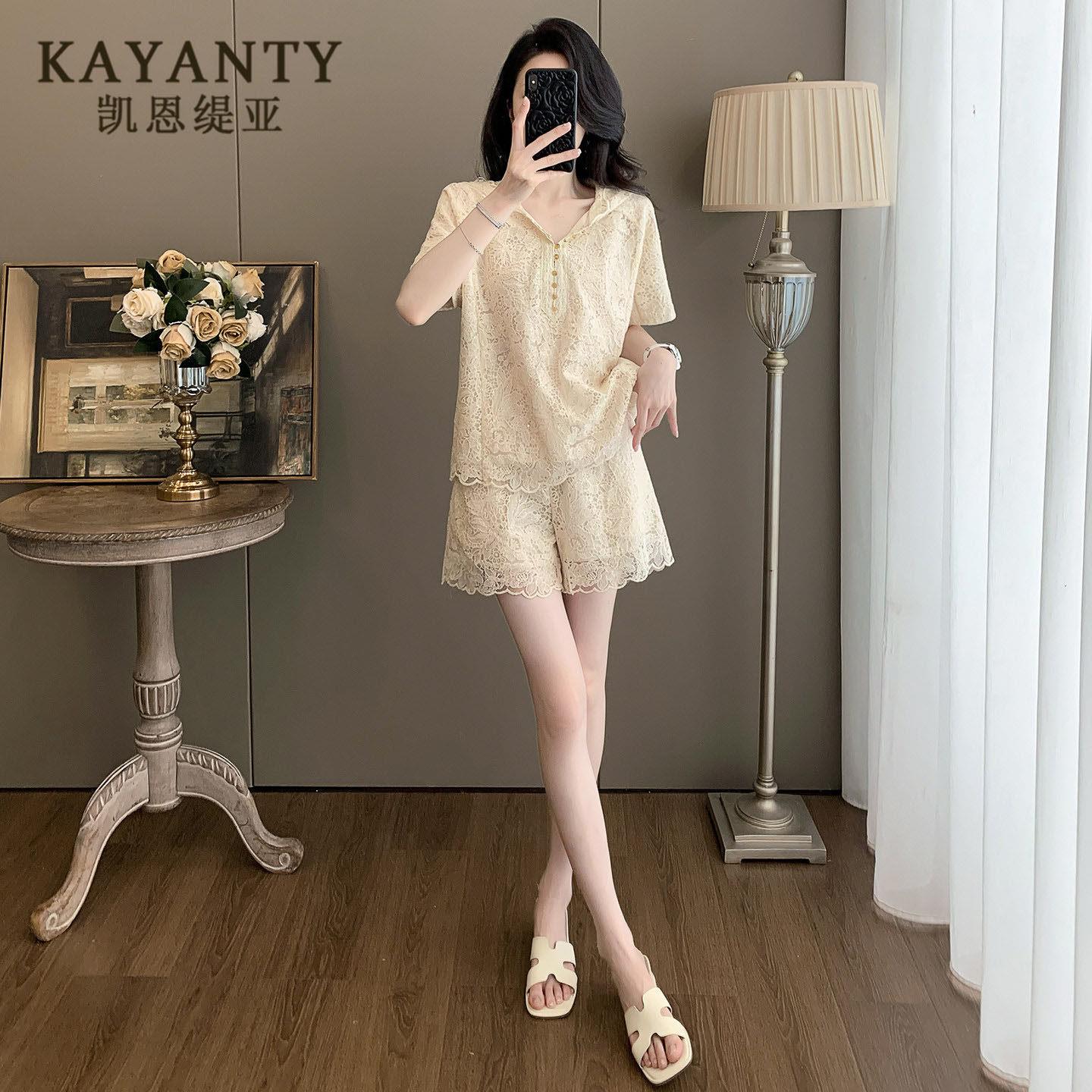 KAYANTY时尚轻奢休闲运动服套装女夏季新款网纱蕾丝短裤两件套