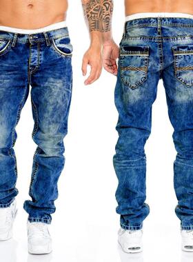 Jeans with visible lines, straight leg men's pants,