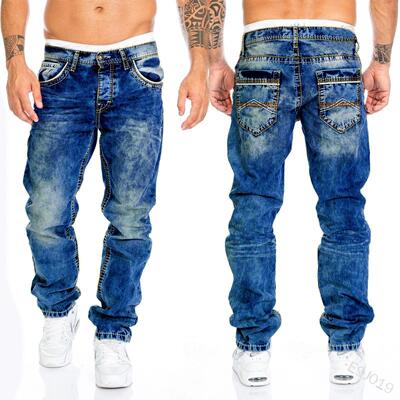 Jeans with visible lines, straight leg men's pants,