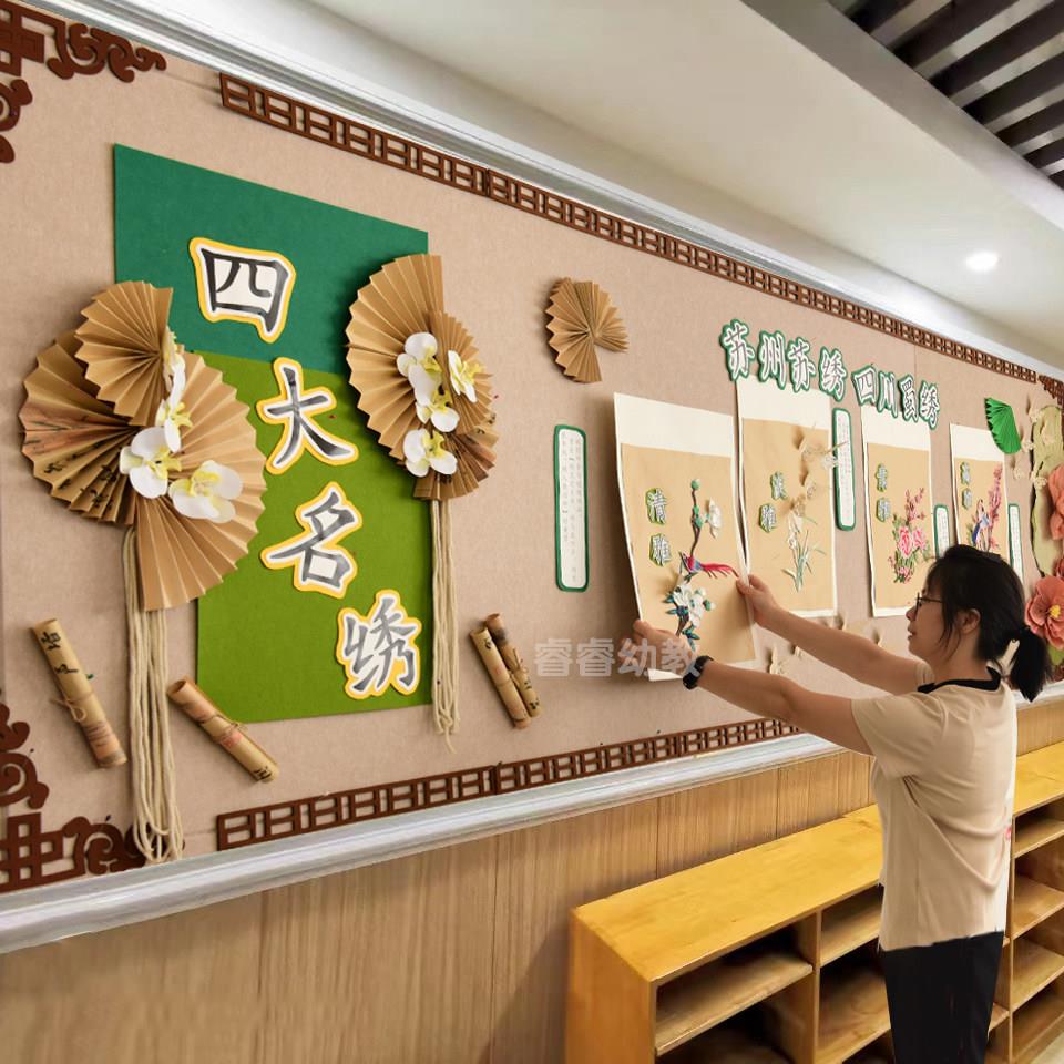 中国风国风四大名绣幼儿园小学评比文化环创主题区角墙面板报墙贴