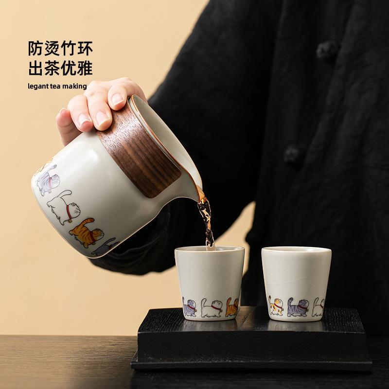 可爱猫咪便携式旅行茶具小套装户外萌趣女士泡茶壶茶杯露营快客杯