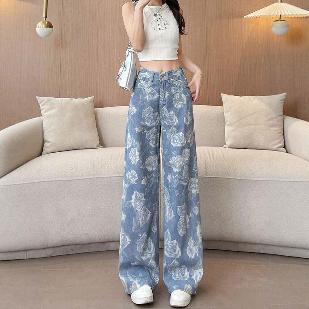 玫瑰花纹阔腿牛仔裤女夏季新款宽松百搭垂感休闲慵懒显瘦直筒裤子