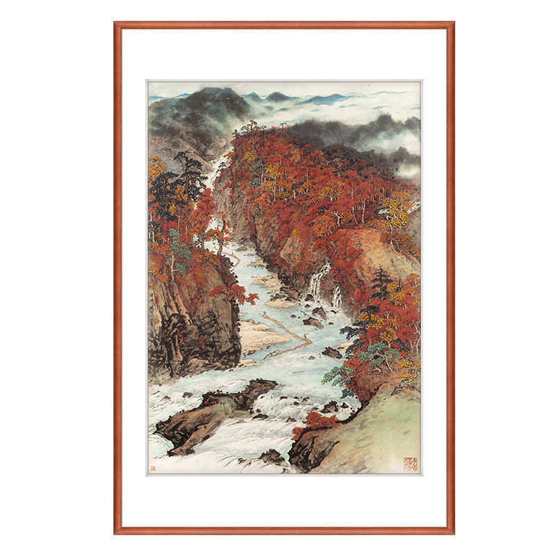 中式客厅走廊过道尽头挂画关山月国画重彩山水入户玄关竖幅风景画
