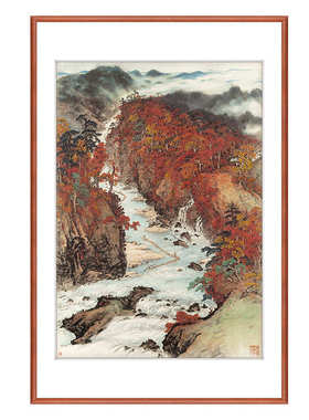 中式客厅走廊过道尽头挂画关山月国画重彩山水入户玄关竖幅风景画