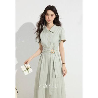 张汽水2026夏季新款绿色特别漂亮掐腰短袖洋装女气质显瘦衬衫裙