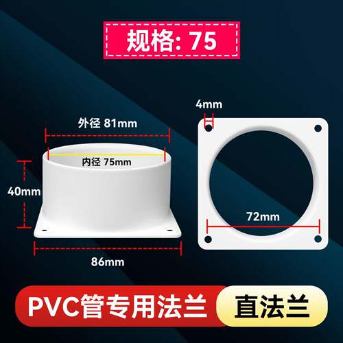 PVC管法兰接头新风系统通风管道配件瑞75/110/160圆底直法兰接口