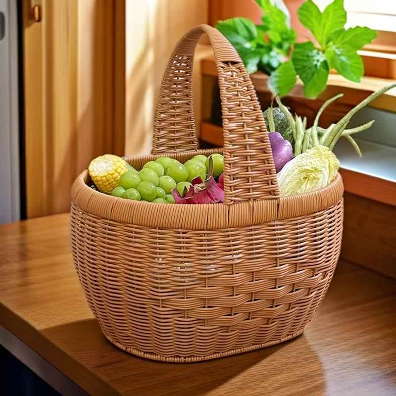 手提买菜购物篮子采摘水果蔬菜篮子野餐户外田园筐子仿藤手工编织