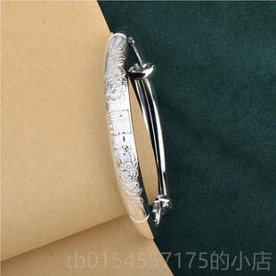 正品潮兴福 99纯银手镯女福足银镯子实心9拉光面银推饰品送妈字妈