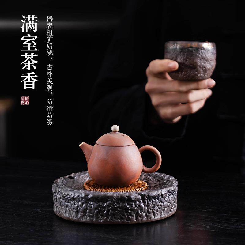 粗陶老岩泥茶壶陶瓷鎏银复古茶壶家用茶室泡茶手工侧把壶茶具专用
