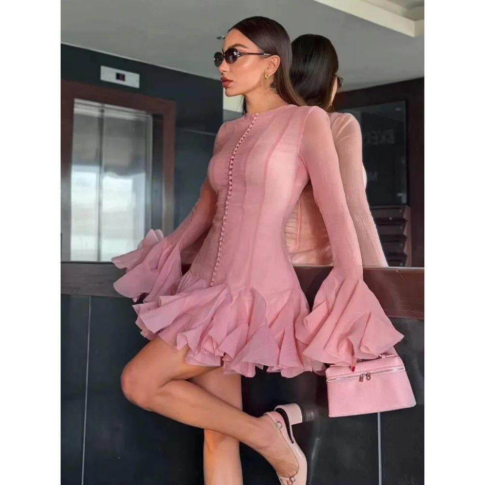 Luxury O Neck Pink Ruffle Button Female Vestidos Fashion Lon