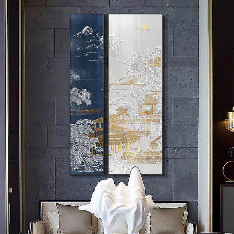 新中式入户玄关装饰画山水楼阁图正对门大气双联壁画走廊过道挂画