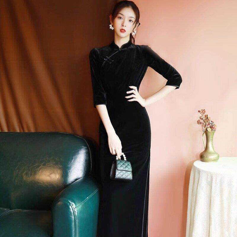 claudie pasey春季旗袍黑色丝绒民国风复古年轻款气质显瘦洋装