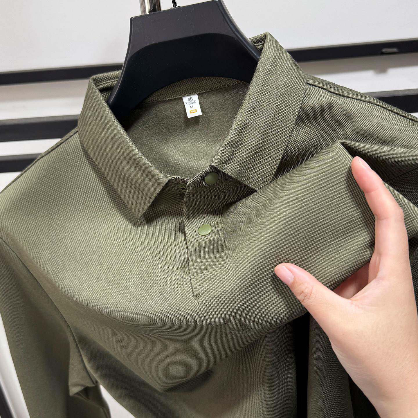 高档丝光棉长袖POLO衫男秋冬季磨毛商务休闲冰丝翻领t恤打底上衣