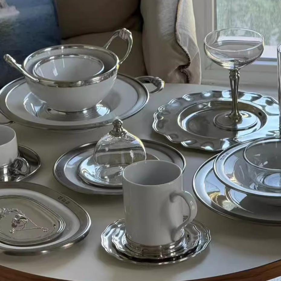 泰国 Royal Pewter锡边白陶锡器盘子马克杯碟碗双耳碗椭圆盘