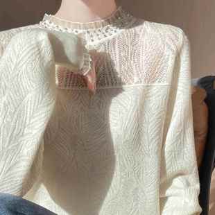 1219e 女蕾丝拼接高领宽松薄款 2025秋冬新款 精美钉珠设计感针织衫