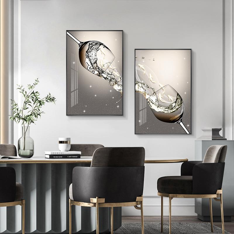 九鱼图双联餐厅装饰画创意酒杯挂画现代简约饭厅背景墙好寓意壁画