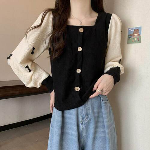 Long sleeved square neck base shirt with women's patchwork