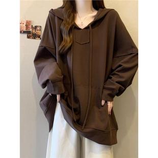 胖mm中长款 大码 藏肉上衣 新款 美拉德咖色连帽正肩卫衣女2025春秋季