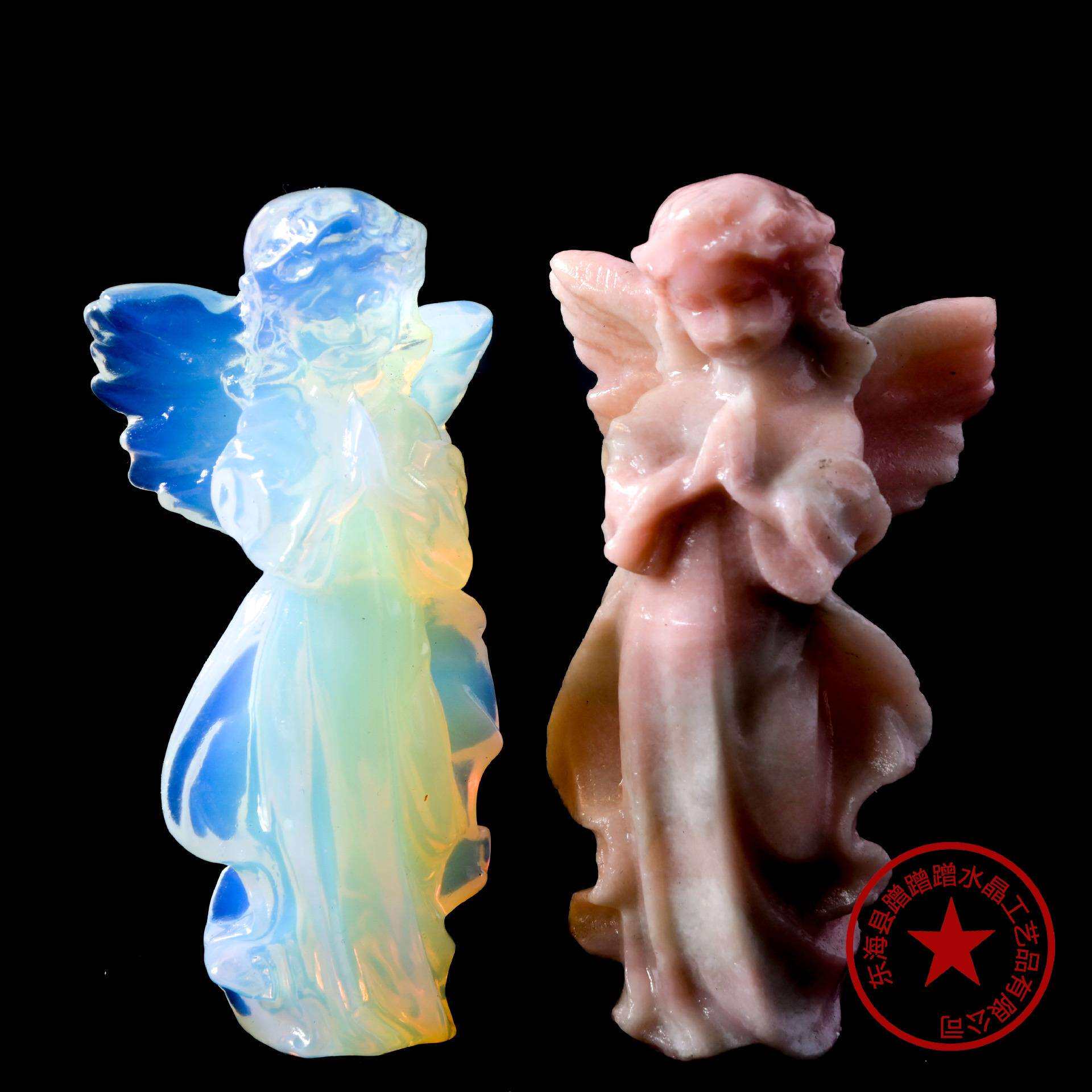 天然水晶粉澳宝天使雕刻件原石打磨水晶工艺品办公桌面女神像摆件