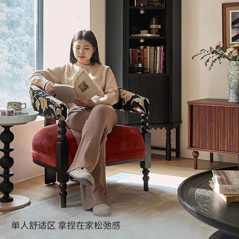 法式单人沙发椅子实木家用布艺复古轻奢客厅设计师懒人单椅印花