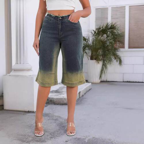 Jeans inspired mid waist elastic straight leg cropped