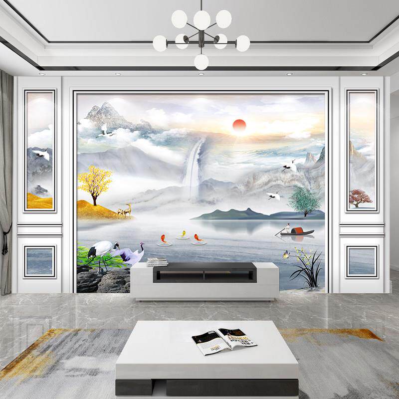 新中式电视背景墙壁纸2024新款客厅3d立体山水装饰画墙纸自粘墙贴