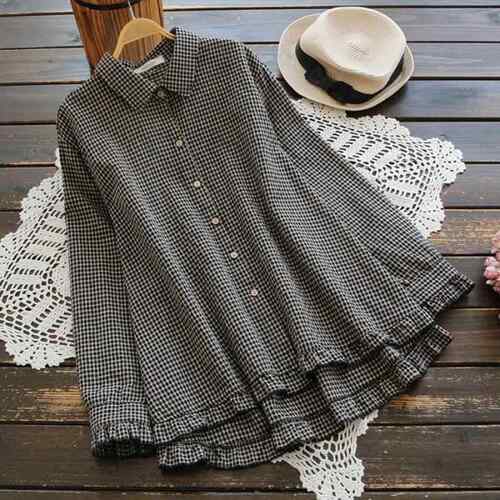 Cotton and linen women's plus size shirt with ruffled