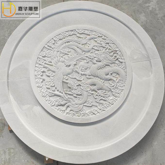 石雕龙凤浮雕汉白玉大理石花开富贵圆形壁画花草石材雕刻制作