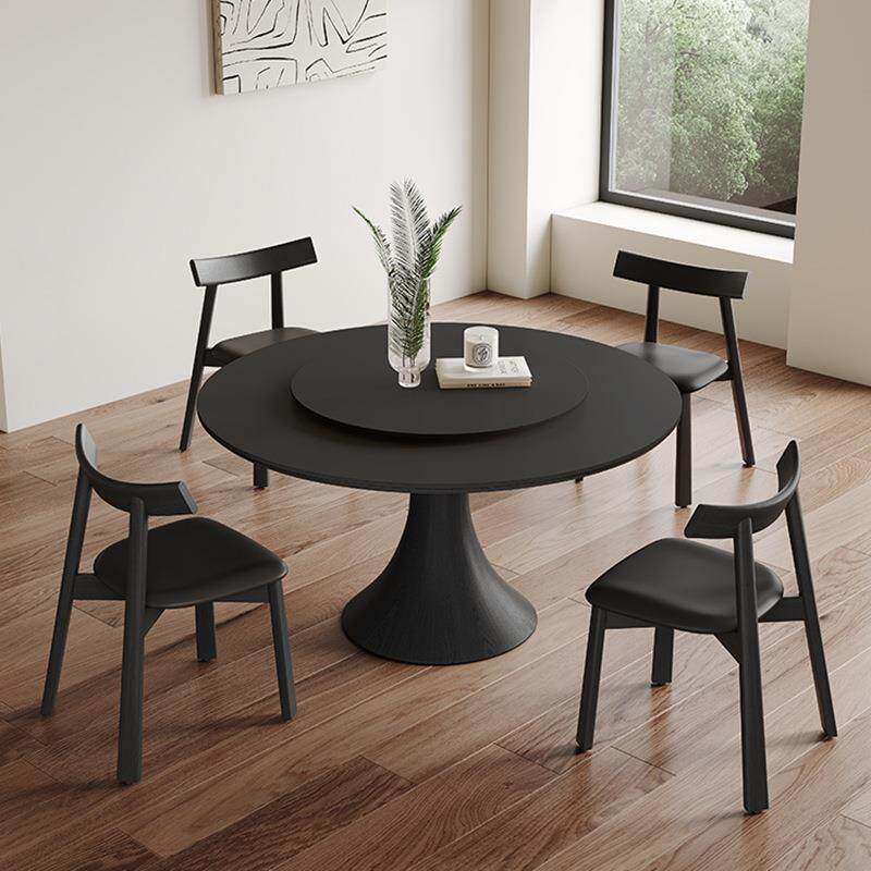 纯黑岩板餐桌圆形现代简约家用小户型2025新款橡木复古风实木圆桌