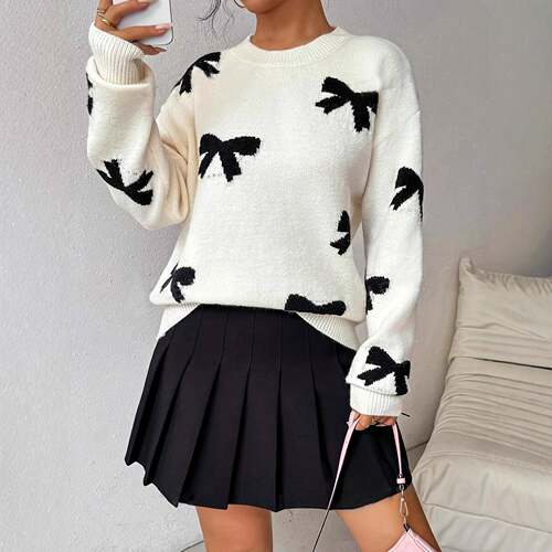 Women's Bow Graphic Print Drop Shoulder Fitted Sweater