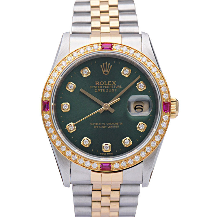 正品绿盘[9.8新]劳力士日志型后镶钻自动机械男表16233