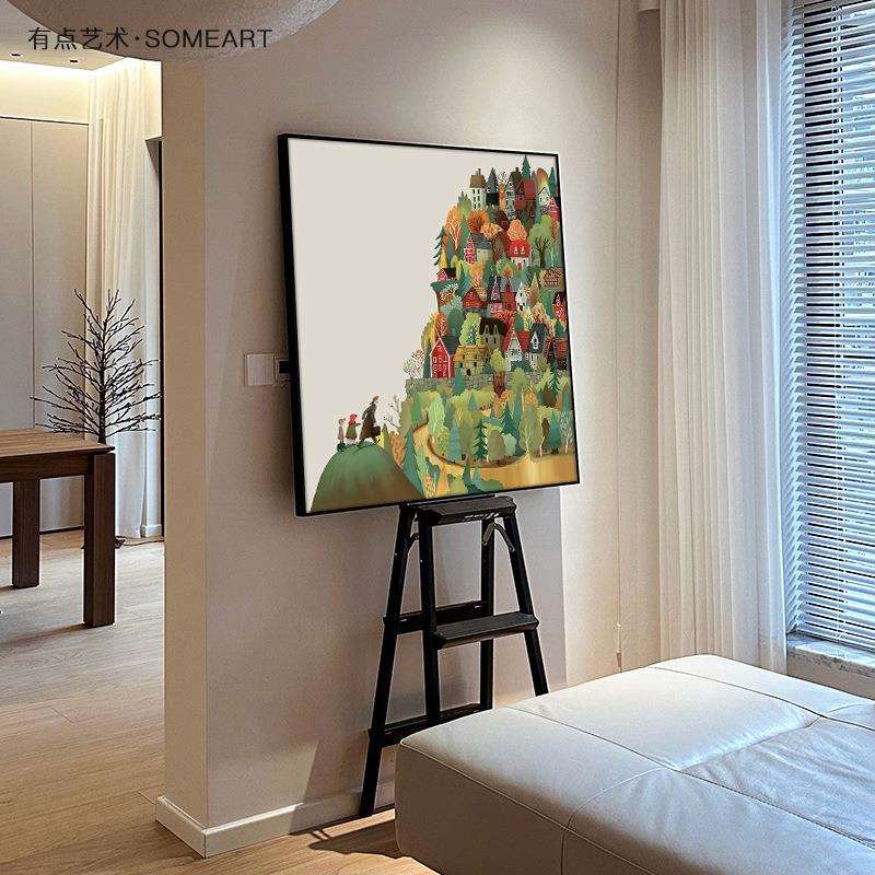 北欧现代简约童话客厅装饰画奶油风儿童房卧室壁画玄关正方形挂画