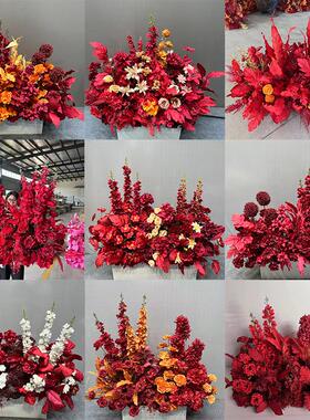 婚庆地排花红色中式订婚宴布置婚礼堂舞台路引花婚庆绢花排彷真花