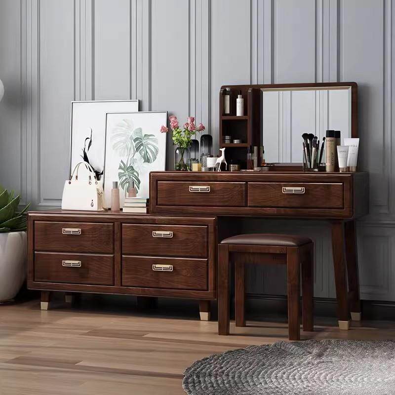 新中式梳妆台实木化妆桌斗柜一体卧室收纳柜高级美式原木圆镜带灯