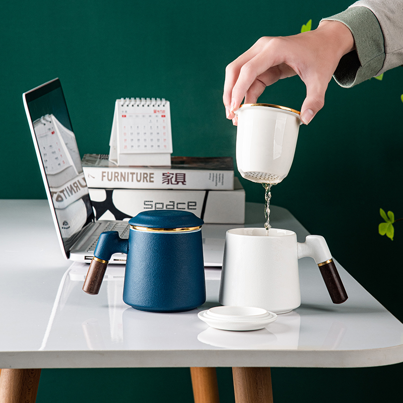 木柄粗陶带过滤茶杯陶瓷杯办公花茶水杯带盖茶水分离杯子定制logo